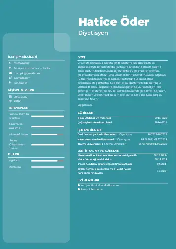 Beslenme Uzmanı Diyetisyen CV Örnekleri cv indir